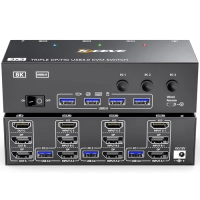 Abbildung von KVM Switch 3 PC Monitore 8K@60Hz 4K@144Hz，MLEEDA HDMI+2 Displayport Triple Monitor für Teilen Monitors und 4 USB3.0 Geräte, mit 12V DC Netzteil,Verdrahtet Fernbedienung