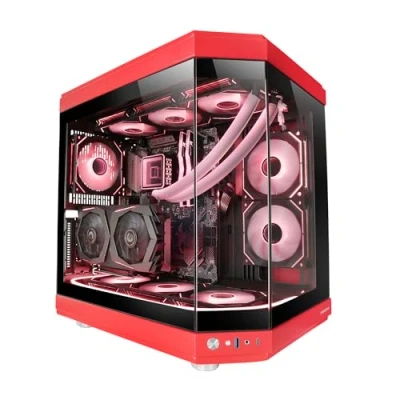 Abbildung von Mars Gaming MC 3T, Custom ATX Gehäuse, Triple Window Durchgehend Gehärtetes Glas, Volle Flüssigkeitskühlung, Dual Side Kamera, 3X Vertikale PCI Slots, USB C und 3.0, Rot
