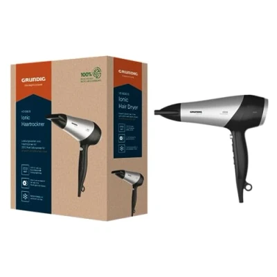Abbildung von GRUNDIG HD 6080 B Haartrockner 2200 W, Föhn, Ionen Funktion, 3 Temperatur und 2 Luftstromstufen, Kaltstufe, Keramikbeschichtung, 1,8 m Kabel, Schwarz/Silber