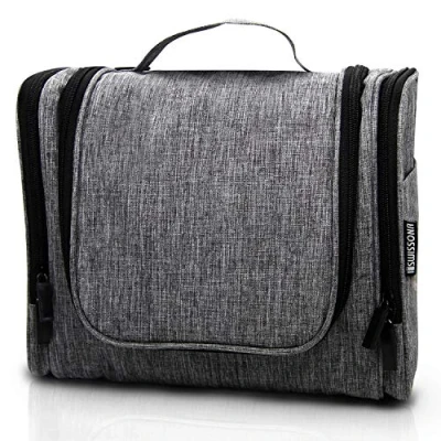 Abbildung von SWISSONA Kulturbeutel, Kulturtasche zum Aufhängen für Damen, Herren, Kinder, großzügige Waschtasche Reisen + Freizeit, inkl. Kosmetikspiegel und 1 Liter Transparenttasche, 7 Stauraum Grau