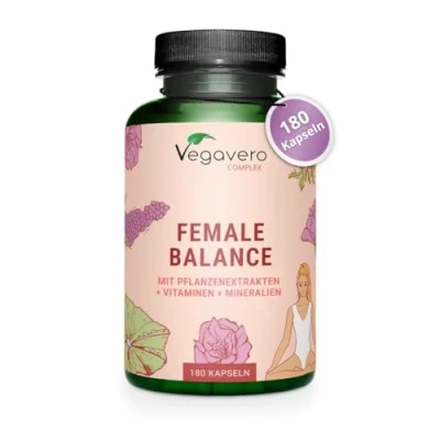 Abbildung von Female Balance Vegavero® 180 Kapseln Hormone Mönchspfeffer, Frauenmantel, Eisen, Quatrefolic® Folsäure, Actrisave® Zyklus VEGAN Ohne Zusätze