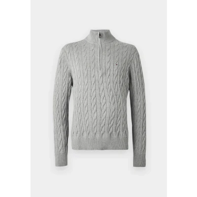 Abbildung von Tommy Hilfiger Classic Cable ZIP MOCK Strickpullover, Herren, Größe: Large, Medium grey heather