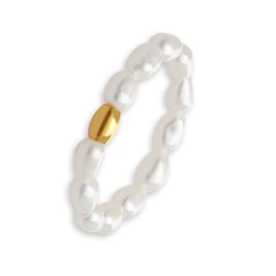 Abbildung von GD GOOD.designs Perlenring elastisch aus echten Süßwasserperlen Wasserfest I Hautverträglicher Unisize Ring mit 18 Karat Gold Perle