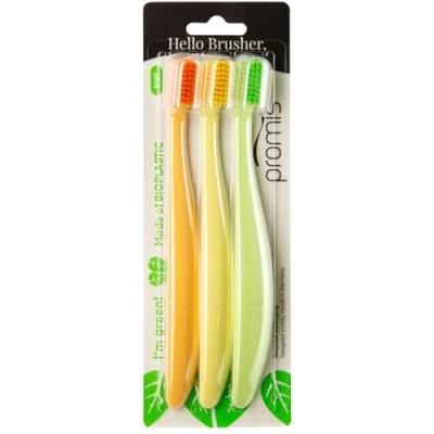Abbildung von promis brush nachhaltige Zahnbürste aus nachwachsenden Rohstoffen Bioplastik weiche 6750 Borsten recycelte Verpackung made in Germany Italian Design (triopack, color)