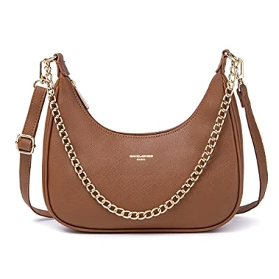 Abbildung von David Jones Damen Kleine Umhängetasche Frau Kette Schultertasche PU Leder Handtasche Kettenhenkel Crossbody Bag Trendy Tasche Mode Abendtasche Kettentasche Pochette Clutch Party Braun Cognac