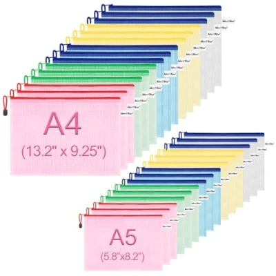 Abbildung von A4A5 Zipper Tasche, ‘MerryNine Dokumententasche, Netz Reißverschluss, A4, A5, jeweils 15 Stück, 5 Farben, Kunststoff, für Büro und Reise, 30 Stück
