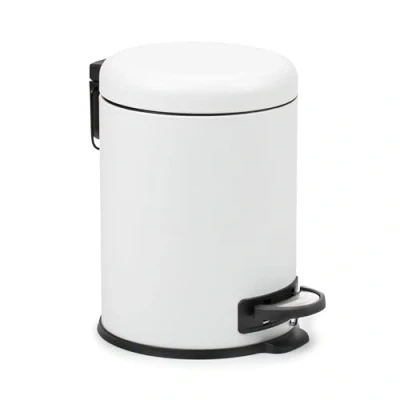 Abbildung von TATAY Edelstahl Abfalleimer mit Pedal, 5 Liter Kapazität, herausnehmbarer Innenraum, gepolsterter Fallschutz, BPA frei, Farbe weiß, Maße 29 x 22 27 cm