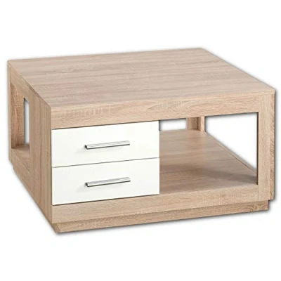 Abbildung von Stella Trading FESTIVAL Couchtisch mit zwei Schubladen in Eiche Sonoma Optik, Weiß geräumiger Sofatisch Ablage für Ihren Wohnbereich 80 x 46 cm (B/H/T)
