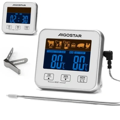 Abbildung von Aigostar Elliott Fleischthermometer, Bratenthermometer, Digitales Küchenthermometer mit Zeitmesser für Smoker, LCD Hinterleuchtung, Grillthermometer Alarmfunktion, schnelle und genaue Messungen.