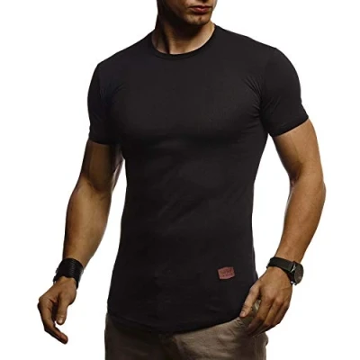 Abbildung von Leif Nelson Herren T Shirt mit Rundkragen Basic Kurzarm Männer Kurzarmshirt Slim Fit Sommershirt LN 8294 Schwarz Größe XXL