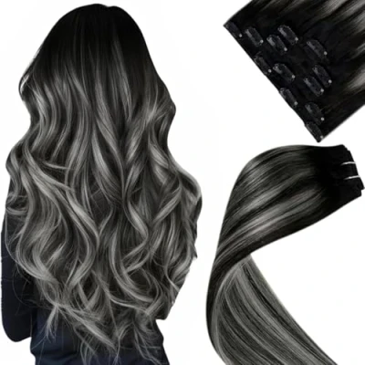 Abbildung von LaaVoo Clip Echthaar Extensions Schwarz Ombre Silber Extenisons in Haarverlängerung Glatt Remy Clips Doppelt Tressen 40cm 70g 5PCS #1b/s/1b