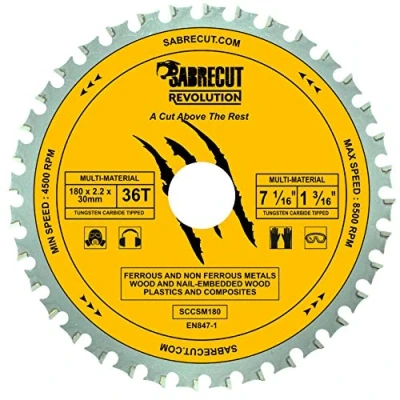 Abbildung von 1 x SabreCut SCCSM180_36 180mm 36T 30mm 25,4mm 20mm 16mm Bohrung Multi Material Metall Holz Kunststoff Kreissägeblatt kompatibel mit Bosch Dewalt Makita Milwaukee und vielen anderen