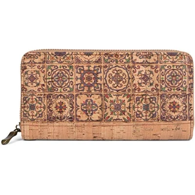 Abbildung von styleBREAKER Damen Geldbörse aus Kork mit Buntem Muster Print im Ethno Look, Reißverschluss, Portemonnaie 02040138, Farbe:Beige Blau Grün