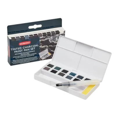 Abbildung von Derwent Getönten Kohlefarben, 12er Set, Tinted Charcoal Paint Pan Wasserlöslich, Mischbar, Tragbar, Inklusive Mischpaletten, Mini Wassertankpinsel &amp; Schwamm, Professionelle Qualität, 2305872