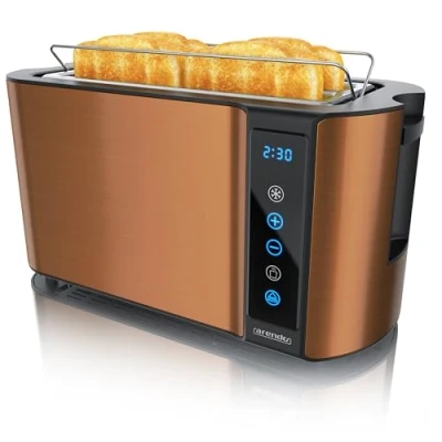 Abbildung von Arendo Edelstahl Toaster Langschlitz 4 Scheiben Touchscreen Doppelwandgehäuse Integrierter Brötchenaufsatz 7 Bräunungsgrade Brotzentrierung Restzeitanzeige Memoryfunktion Kupfer
