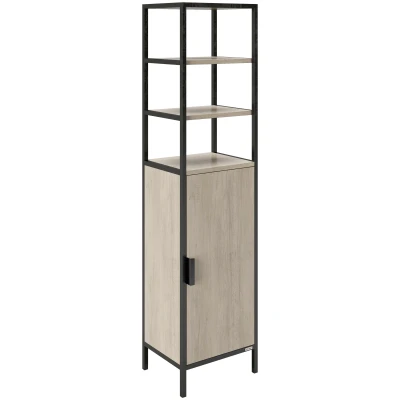 Abbildung von PLAYBOY Badregal mit 3 Fächern und 1 Tür, sanft schliessed, schwarz matt lackiertem Metall, Wild Eiche Holzdekor, Badschrank, Hochregal, Badmöbel, Badezimmerschrank, Retro Design, Regal