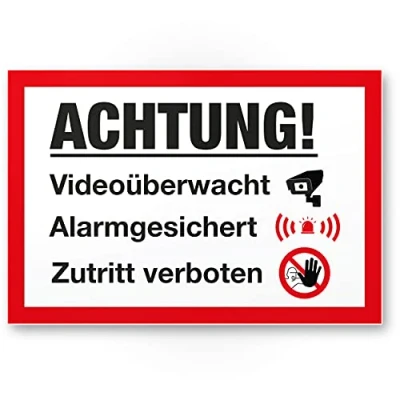 Abbildung von Komma Security Videoüberwacht Alarmgesichert Schild Achtung Vorsicht Videoüberwachung Hinweis Hinweisschild Warnhinweis
