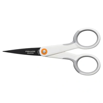 Abbildung von Fiskars Micro Tip Schere für klebriges Bastelmaterial, Antihaftbeschichtet, 12,3 cm, Rostfreier Stahl/Kunststoff, Weiß/Orange, 1070025