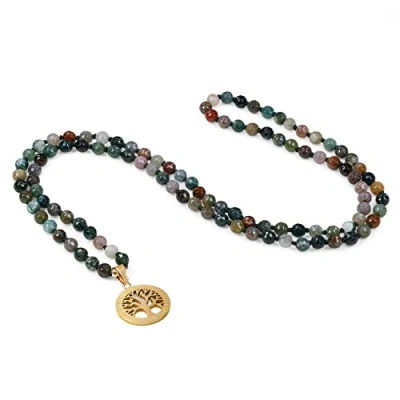 Abbildung von COAI Geschenkideen Verknotete 108 Mala Meditationskette Gebetskette aus Facettiertem Indischem Achat mit Lebensbaum Charm