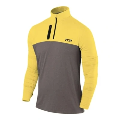 Abbildung von TCA Funktionsshirt Herren Langarm Fusion Pro Quickdry Langarmshirt atmungsaktiv Wandershirt Laufshirt mit Reißverschluss Outdoor Longsleeve Sport Pullover Dunkelgrau/Gelb, M