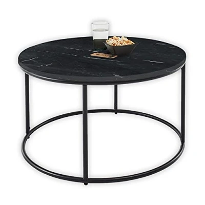 Abbildung von Stella Trading BELFORT Couchtisch Marmor rund weiß mit schwarzem Metallgestell Stilvoller Wohnzimmertisch hochwertiger Marmorplatte 80 x 46 cm (B/H/T)