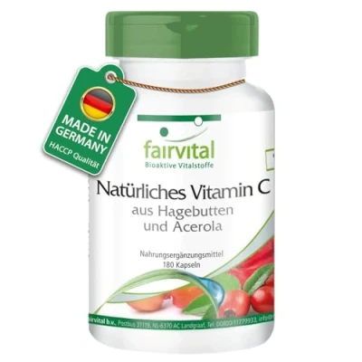 Abbildung von Fairvital Acerola Kapseln mit Hagebutten Natürliches Vitamin C 256mg pro Tagesdosis HOCHDOSIERT VEGAN 180