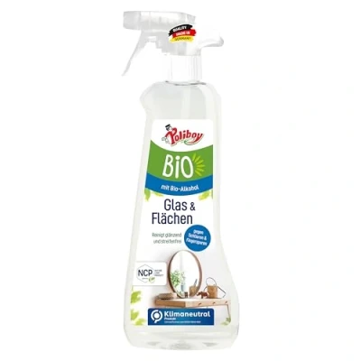 Abbildung von Poliboy Bio Glasreiniger und Flächenreiniger für eine glänzende streifenfreie Reinigung von spiegelnden Oberflächen Vegan Sprühflasche 500 ml Made in Germany