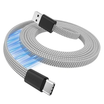 Abbildung von Magtame USB A zu C Kabel Flaches magnetisches Ladekabel, Coiled Kabel, 1M einziehbares Typ Schnellladekabel, Flexibles kompatibel für Phone 15 Pro Max, Samsung, Pad, Silber