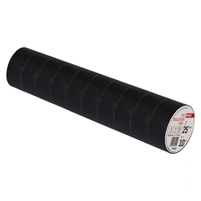 Abbildung von EMOS PVC Isolierband Schwarz 10er Pack, 25mm x 10m, 0,13mm Bandstärke, selbstklebend, hohe Spannungsfestigkeit und Anwendungstemperaturbereich, UV beständig, wasserdichte Verbindung, ohne Textilgewebe