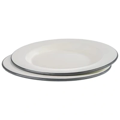 Abbildung von APS 98671 Flache Teller 2er Set EMAILLE Ø 26 cm, H: 2 emaillierts Stahlblech, Farbe: cremeweiß mit grauem Rand