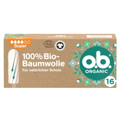 Abbildung von o.b. Organic Super (16 Stück), Bio Tampons für starke Tage aus 100% Baumwolle mit geschwungenen Rillen zuverlässigen &amp; natürlichen Schutz