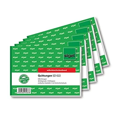 Abbildung von SIGEL SD022 Quittungsblock A6 quer, 5 Stück, 2x40 Blatt, selbstdurchschreibend, mit 1 Durchschlag, mikroperforiert, aus nachhaltigem Papier