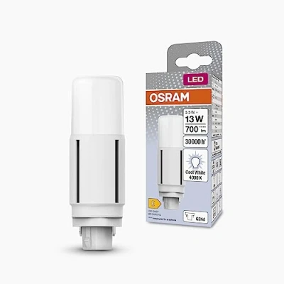 Abbildung von OSRAM DULUX LED D13 VT EM, G24D, 5,5W, 700lm, 4000K, kaltweiße Lichtfarbe, für vertikale Applikationen geeignet dank Abstrahlwinkel von 300 Grad, extrem lange Lebensdauer, keine Aufwärmzeit