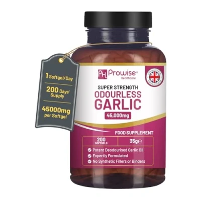 Abbildung von Hochwertige geruchlose Knoblauchkapseln 45.000 mg pro Softgel 200 Softgels (keine Tabletten) Superhohe Wirksamkeit Kaltgepresster und desodorierter Premium Knoblauchöl Extrakt aus Allium Sativum