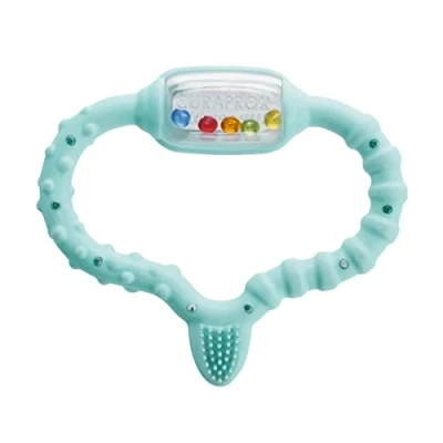 Abbildung von Curaprox Beißring für Babys Türkis, Baby Beissring mit Rassel, Lernzahnbürste, zum Zahnen, BPA frei, 1 Stück