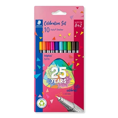 Abbildung von STAEDTLER Fineliner triplus celebration Set, ergonomischer Dreikantschaft, superfeine 0,3 mm Spitze, lange Lebensdauer, Jubiläums Promotion: 8 + 2 in sortierten Farben, 334 BK10 TA