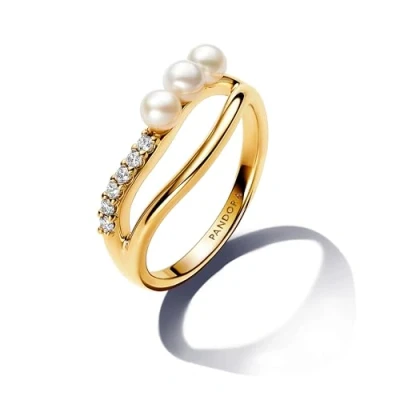 Abbildung von PANDORA Essence Behandelte Süßwasserzuchtperle &amp; Organisch geformter Doppelband Ring aus Sterling Silber mit vergoldeter Metalllegierung und Zirkonia, Größe: 54, 163258C01 54