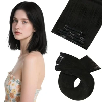 Abbildung von Moresoo Clip in Extensions Echthaar Schwarz Haarverlängerung Remy Haarextension Natürliches #1B 5 Tressen 80g 30cm Doppelt