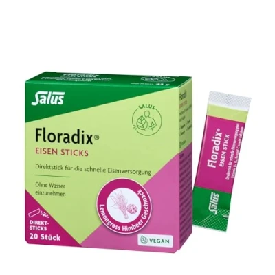 Abbildung von Floradix Sticks Direktsticks für die schnelle Eisenversorgung 1x 20 Satchets (43 g) mit Eisen, B Vitaminen, Vitamin C und Folsäure Lemongrass Himbeer Geschmack vegan