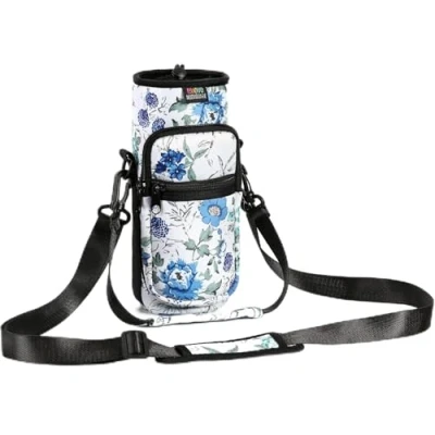 Abbildung von Nuovoware Flaschenhalter Trinkflasche Molle Beutel 750ml, Isolierte Neopren Kessel mit Schultergurt und Front Reißverschluss Tasche für Wandern Laufen Radfahren Jagd Reisen Weiß+Blau