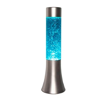 Abbildung von FISURA Blaue glitzer Lavalampe. 30 cm große Lavalampe mit silbernem Sockel, blauer Flüssigkeit und Glitter. Lampe Entspannungseffekt. 9x9x30