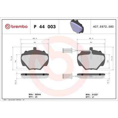 Abbildung von BREMBO P 44 003 Bremsbelagsatz inkl. Verschleißwarnkontakt ohne Zubehör LAND ROVER: Discovery 1