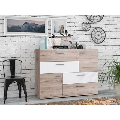 Abbildung von FORTE Skive Kommode mit 2 Türen und 4 Schubladen, Holzwerkstoff, Sandeiche / Weiß, 124.9 x 41.3 95.9 cm