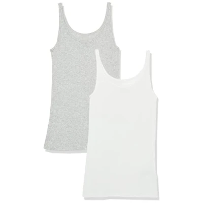 Abbildung von Amazon Essentials Damen Schmal geschnittenes Tanktop mit dünnem Trägern, 2er Pack, Hellgrau Meliert/Weiß, M