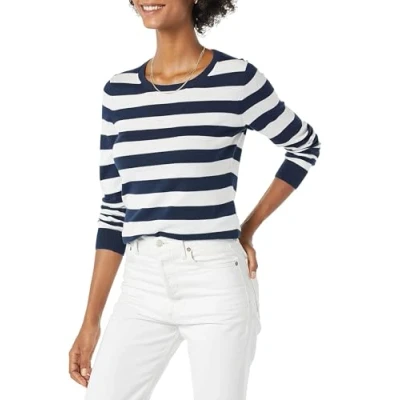 Abbildung von Amazon Essentials Damen Leichter, Langärmeliger Pullover Mit Rundhalsausschnitt (Erhältlich in Übergröße), Marineblau Weiß Rugby Streifen, S