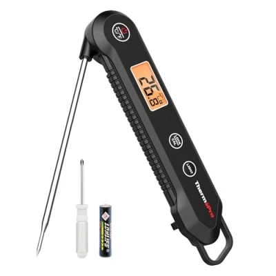 Abbildung von ThermoPro TP03H IPX6 Wasserdicht Fleischthermometer 0.5C Präzise Grillthermometer 3s Schnelle Reaktion Faltbares Küchenthermometer für BBQ, Braten, Grill und Getränken Schwarz