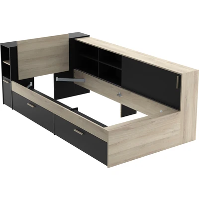 Abbildung von Demeyere Lit 90x190/200 Industriel Avec Rangement 2 Porte 6 Niches tiroirs Noir Mat und Chêne Clair 119,2 x 229,4 87,7 cm