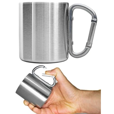 Abbildung von Outdoor Saxx® Camping Tasse, Becher, Metall 200 ml mit geschraubtem Karabiner Griff, Edelstahl, Wandern, Trekking, Arbeit, silber