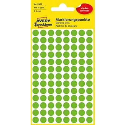 Abbildung von AVERY Zweckform 3592 selbstklebende Markierungspunkte 416 Stück (Ø 8mm, ablösbare Klebepunkte auf 4 Bogen, Farbcodierung, runde Aufkleber für Kalender, Planer und zum Basteln, Papier) grün