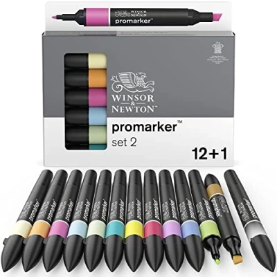 Abbildung von Winsor &amp; Newton 0290138 ProMarker, Professioneller Layoutmarker 2 Spitzen, fein und breit für Zeichnungen, Design Layouts 13 Farben Set